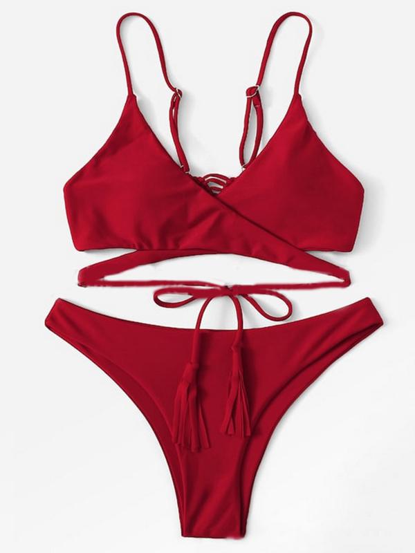 Solid Lace-Up Bikini Swimsuit