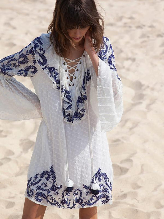 Raised Band Embroidered Flared Mini Dress