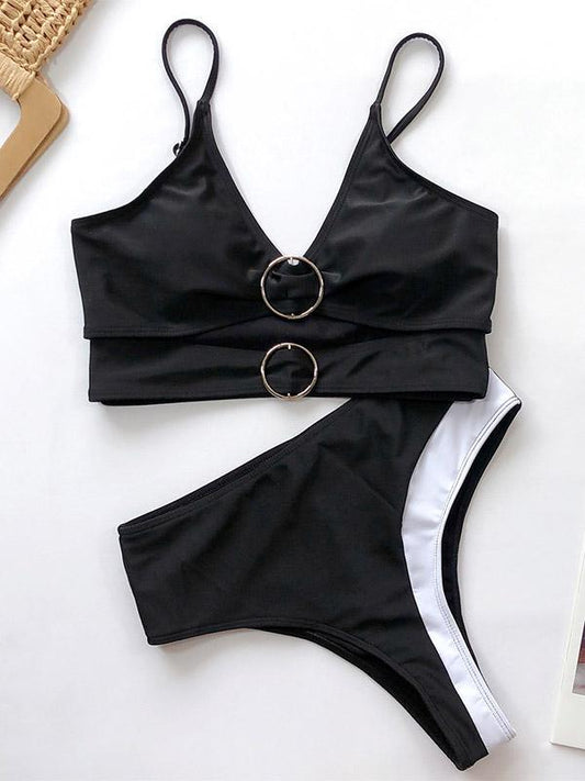 Spaghetti-Neck Metal Buckle Split-Joint Bikini Swimsuit