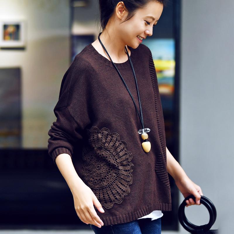 Buykud Retro Woven Sunflower Round Neck Knit Shirt