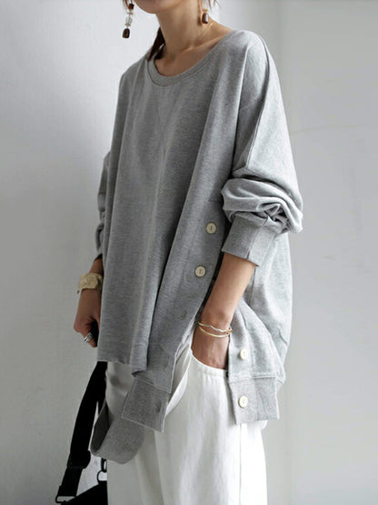 Casual Irregular Buttoned Solid Color Round-Neck Long Sleeves T-Shirt