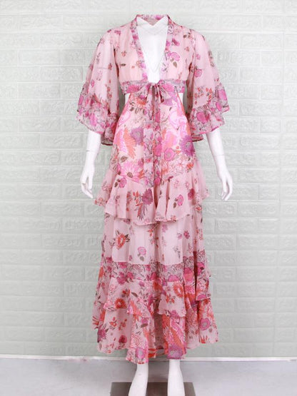 Sexy V-neck Mandarin Sleeve Floral Printed Maxi Dress