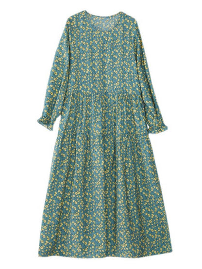 Artistic Retro Floral Printed Pleated Round-Neck Long Sleeves Midi Dress