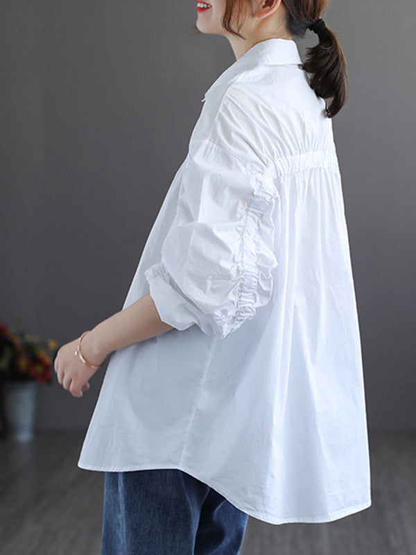 Simple Split-Joint Pleated Buttoned Lapel Collar Long Sleeves Blouses