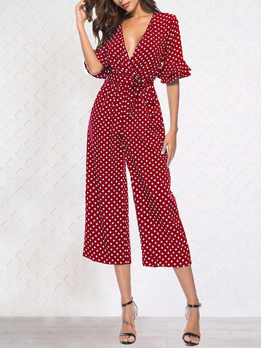 Printed Belted V-neck Half Sleeves Jumpsuit