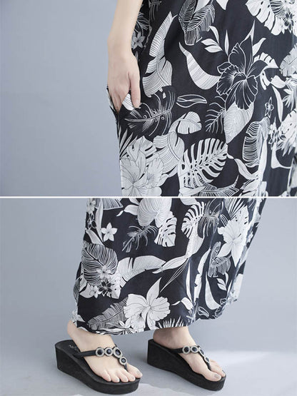 Loose Floral Printed V-Neck Half Sleeves Maxi Dress