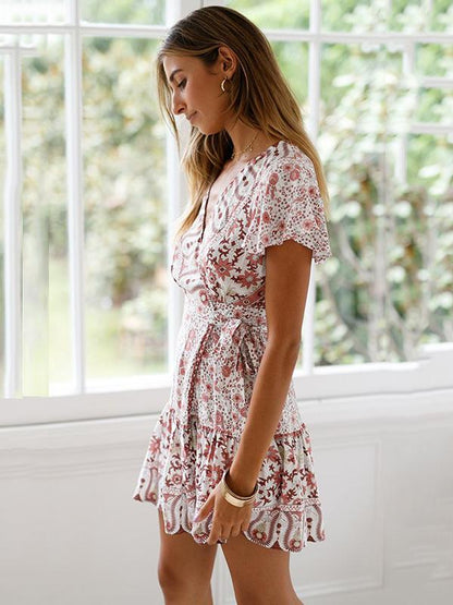 Bandage Printed V-neck Mini Dress