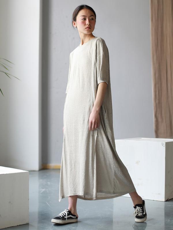 Simple Beige Split-joint Split-side Long Dress