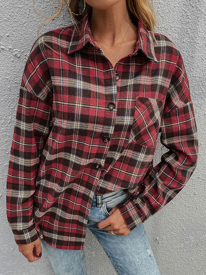 Casual Red Plaid Split-Joint With Pocket Buttoned Lapel Collar Blouse