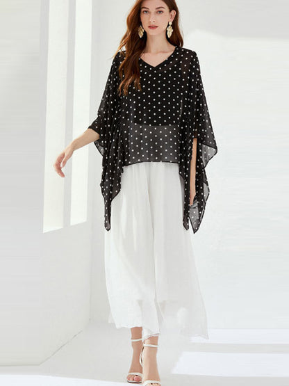 Original Loose Chiffon Polka-Dot Irregular Shirt Top