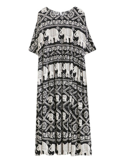 National Floral Ethnic Printed Pleated Round-Neck Half Sleeves Midi Dress