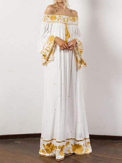 Vintage Embroidered Pleated Off-The-Shoulder Loose Maxi Dress