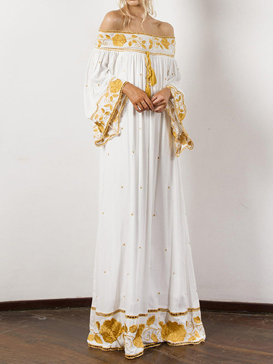 Vintage Embroidered Pleated Off-The-Shoulder Loose Maxi Dress