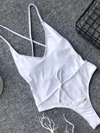 Spaghetti Strap Plain One Piece Swimsuit