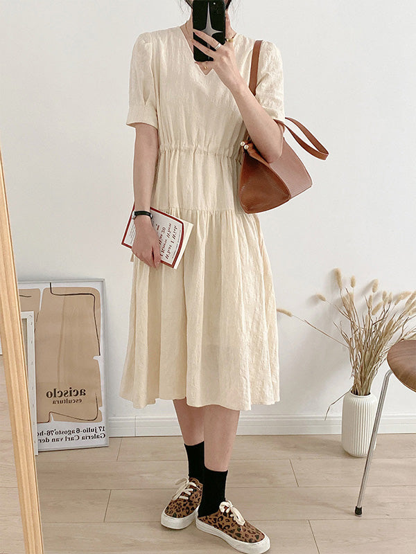 Urban Solid Color V-Neck Drawstring Short Sleeves Midi Dress