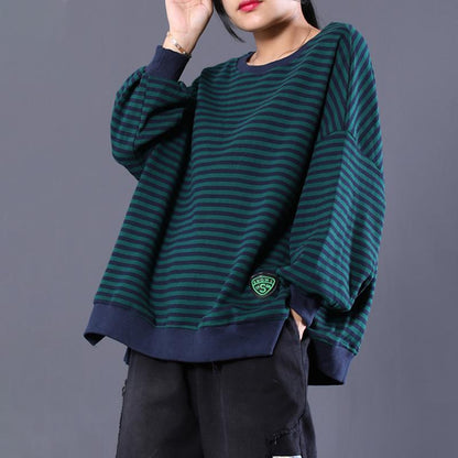 Cotton Fall  Long Sleeve Round Neck Striped Green  Regular Top