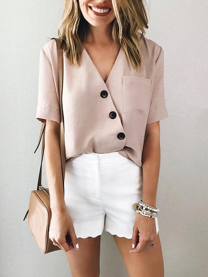 Chiffon V-neck Buttons Blouses Top