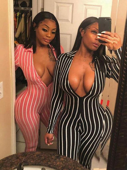 V-neck Striped Sports Jumpsuits