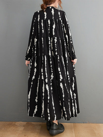 Stylish Buttoned Printed Long Sleeves Stand Collar Loose Midi Dress