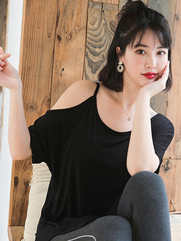 Casual Solid Color Asymmetric Cold Shoulder Spaghetti-Neck T-Shirt