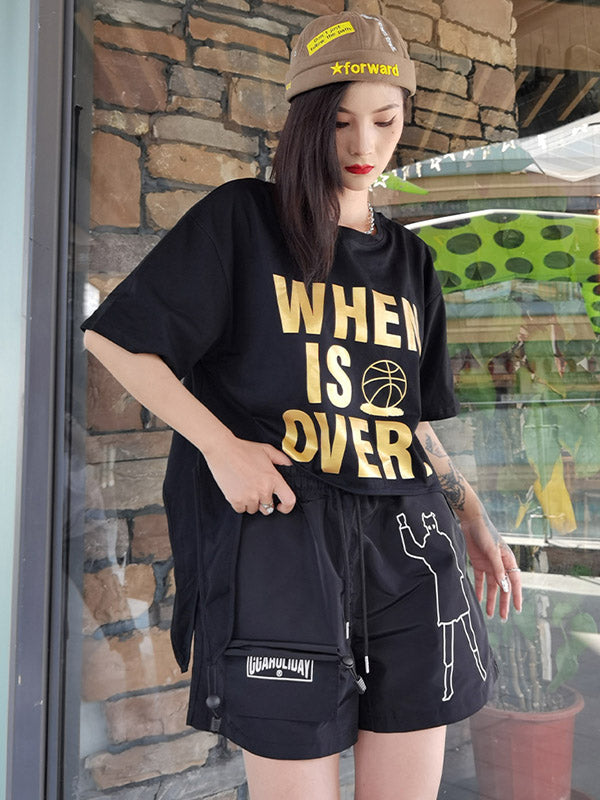 Stylish Letter&Character Print Asymmetric Short T-Shirt