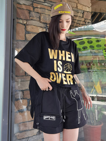 Stylish Letter&Character Print Asymmetric Short T-Shirt
