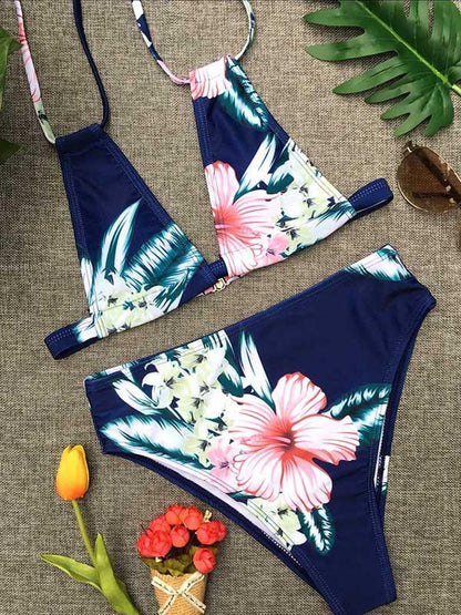 Printed Lace-up Bikinis Swimwear