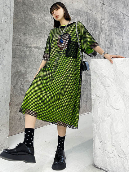 Stylish Hollow Mesh H-Line Short Sleeves Round-Neck Midi Dress