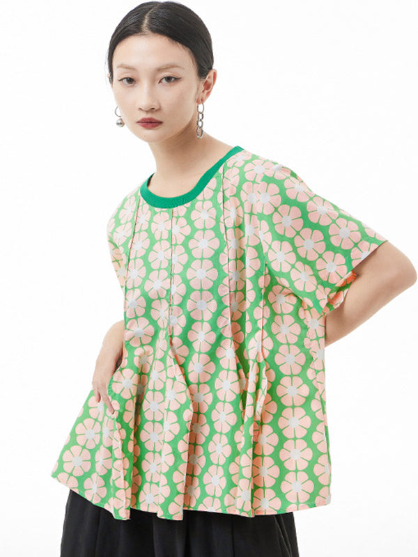Original Loose Floral Printed Contrast Color Pleated T-Shirt Top
