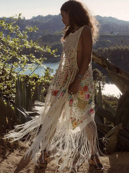 Hollow Split-joint Tasseled Midi Dress