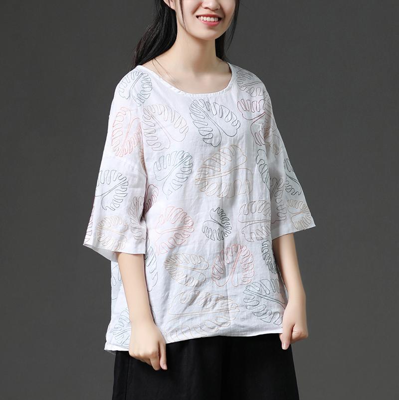 Casual Leaves Short Sleeve Cotton White Shirt
