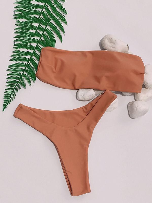 Solid Color Bandeau Split Bikini Swimsuit