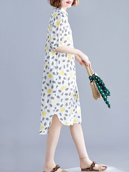 Artistic Retro Loose Contrast Color Printed Midi Shirt Dress