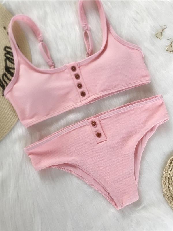 Button Solid Beach Bikinis Swimwear