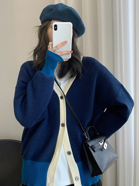 Causal Contrast Color Buttoned V-Neck Long Sleeves Cardigan Outwear