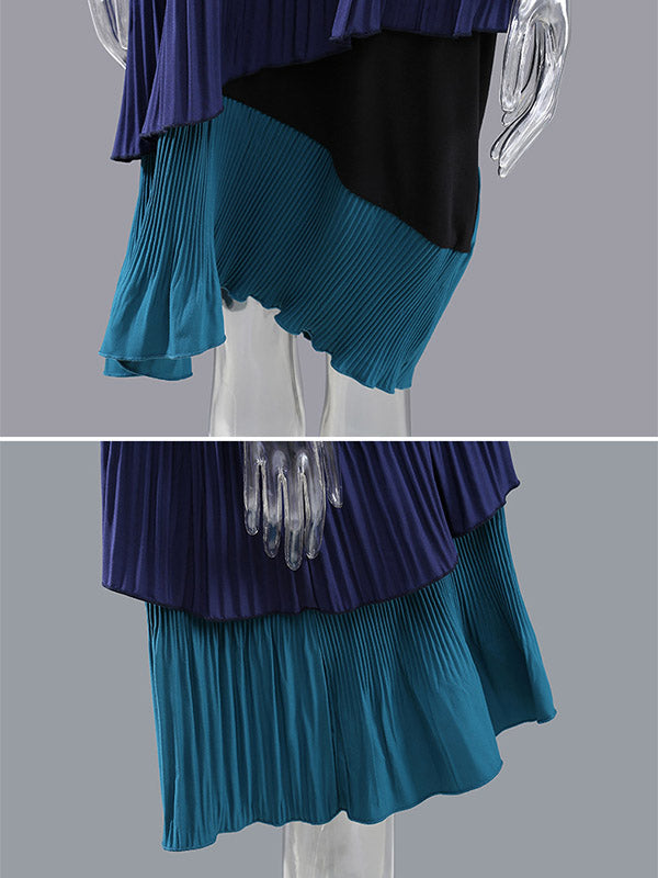 Original Contrast Color Split-Joint Round-Neck Midi Dress