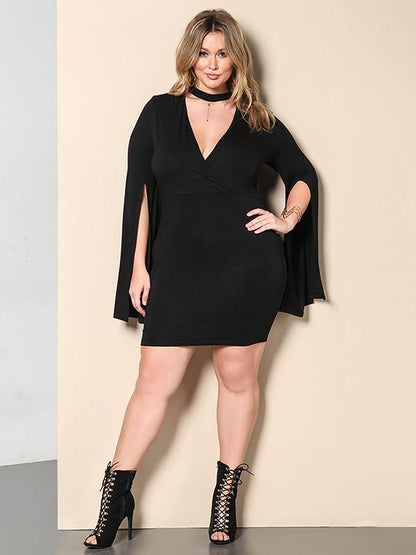 Solid Color Plus Size V-neck Mini Dress