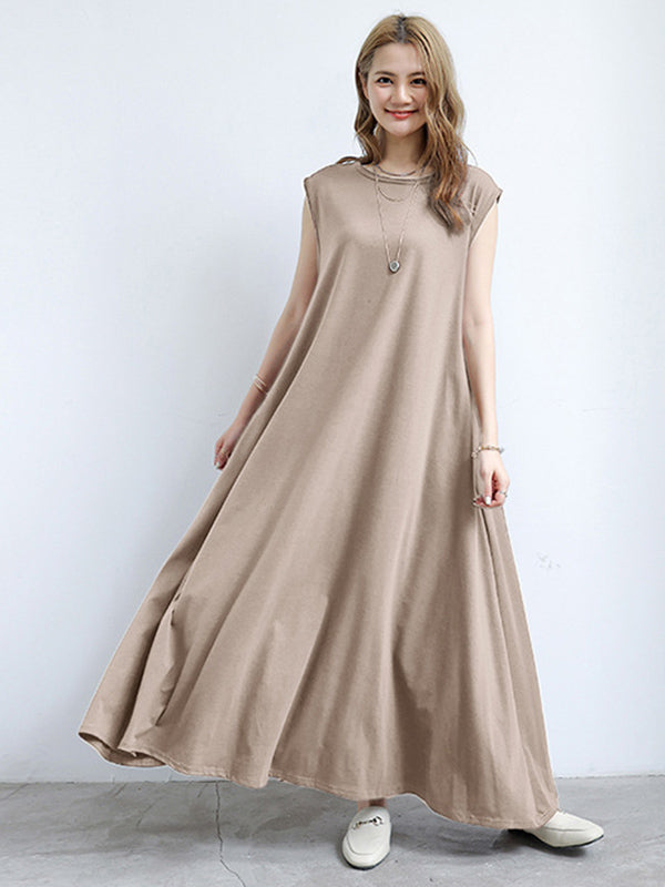 Simple Solid Color Oversized A-Line Round-Neck Cap Sleeves Maxi Dress