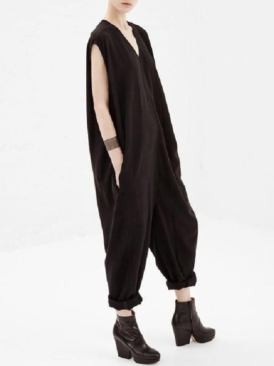 Dark Brown Loose V-neck Sleeveless Jumpsuits