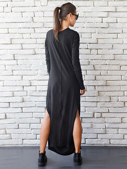Stylish Black Pleats Heaps Collar Split-Side Long Sleeve Maxi Dress