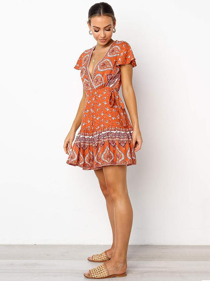 Floral Flared Sleeves V-neck Mini Dress