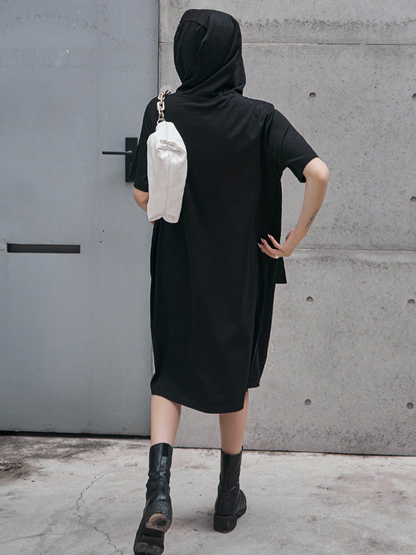 Original Black Zipper Split-Side Hooded H-Line Short Sleeves Midi Dress