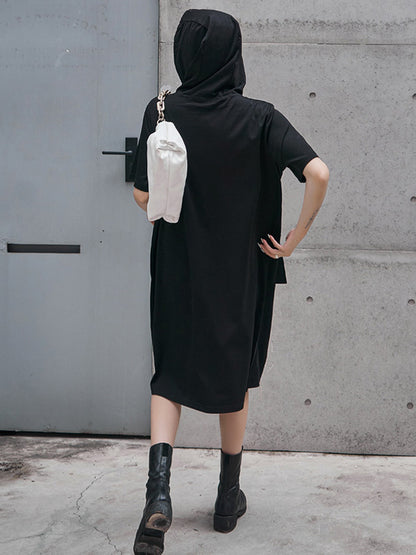 Original Black Zipper Split-Side Hooded H-Line Short Sleeves Midi Dress
