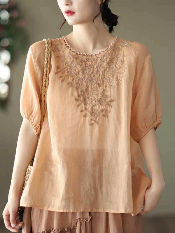 Artistic Retro Vintage Loose Ramie Cotton Embroidered T-Shirt Top