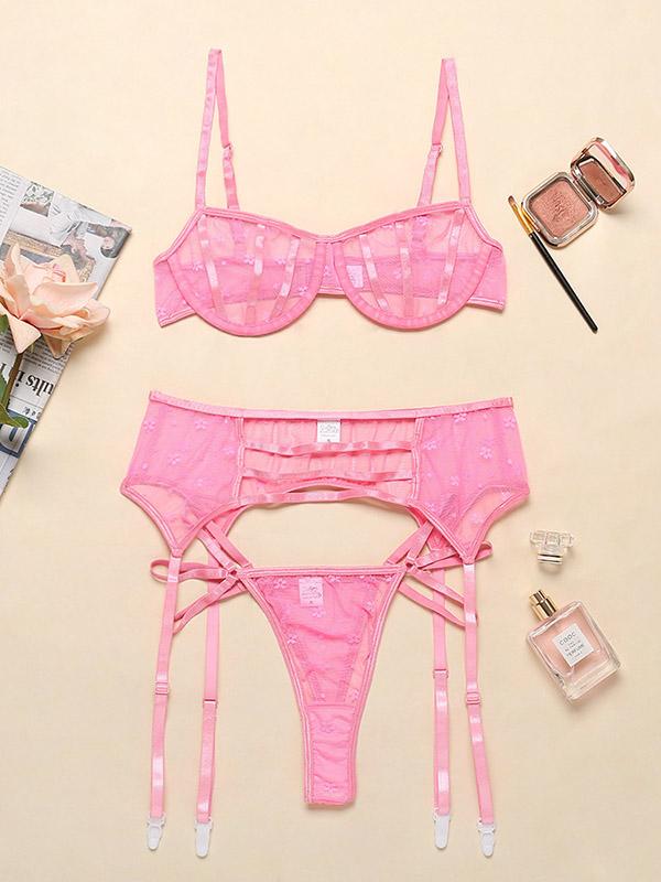 Flora Lace Bandage Three-Piece Bra Panty Garter Lingerie Set