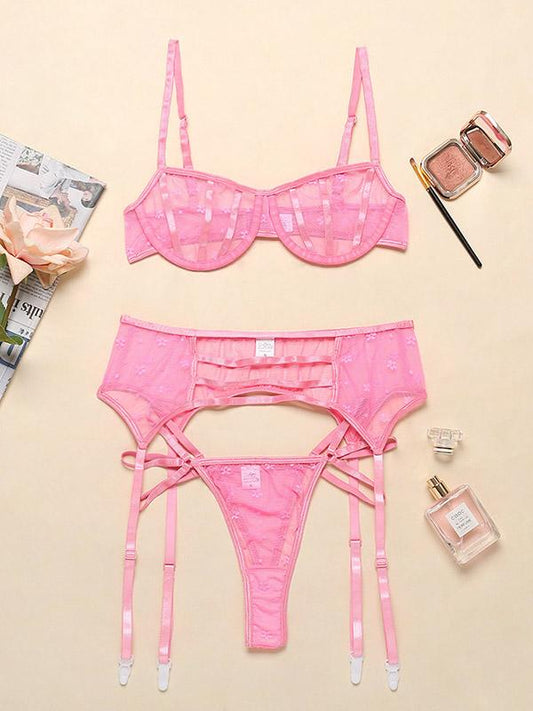 Flora Lace Bandage Three-Piece Bra Panty Garter Lingerie Set