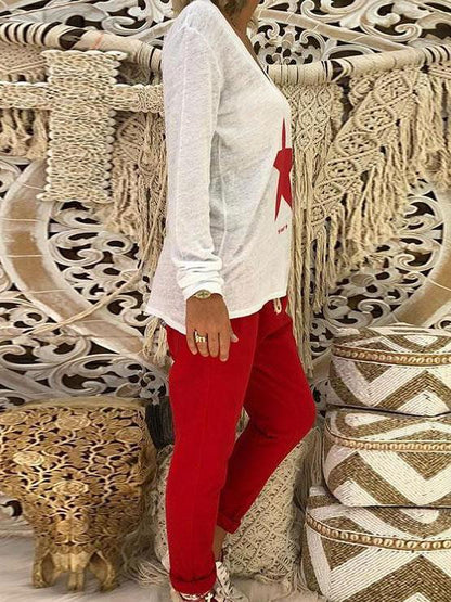 Printed V-neck Long Sleeve T-Shirt