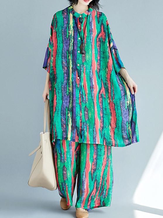 Chiffon Colorful Striped Print Stand Collar Long Blouse+Pants Suits