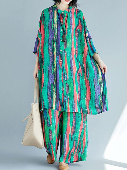 Chiffon Colorful Striped Print Stand Collar Long Blouse+Pants Suits