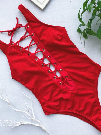 Lace-up Deep-v One-piece Swimwear
